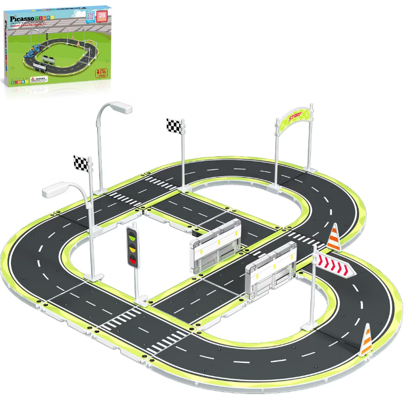 PICASSO-TILES Magnetic Tiles Building Block Construction Toy Set Street Sign Traffic Kit Highway Road Race Track w/ Bumper Barricade Accessory Sticker