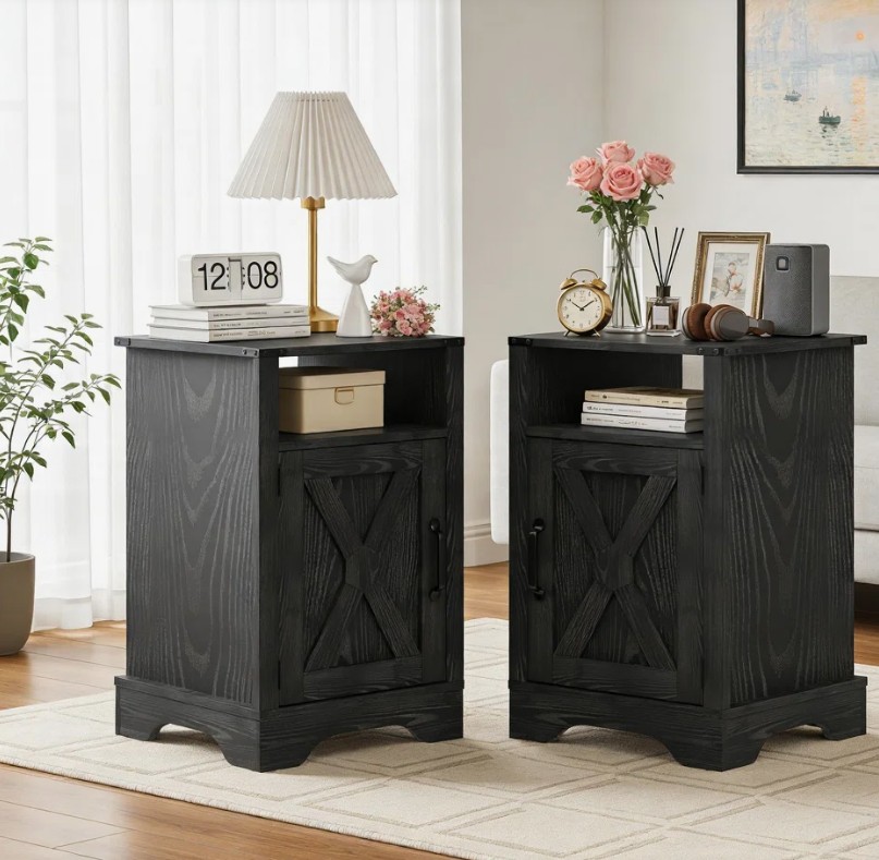 Bradford Farmhouse Nightstand Side Table with Electrical Outlets Charging Station