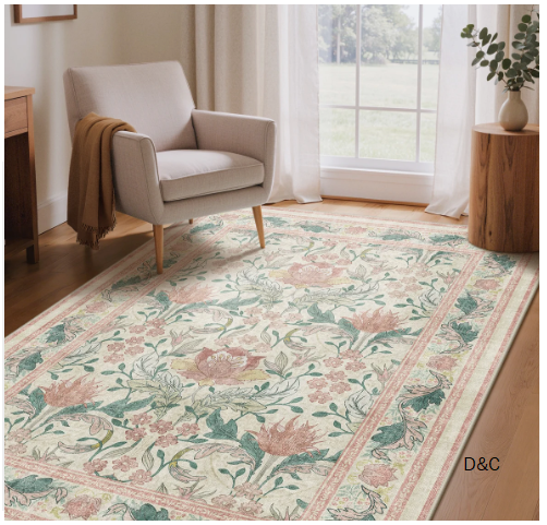 Bloom Floral Pink/Beige Non-Slip Machine-Washable Area Rug