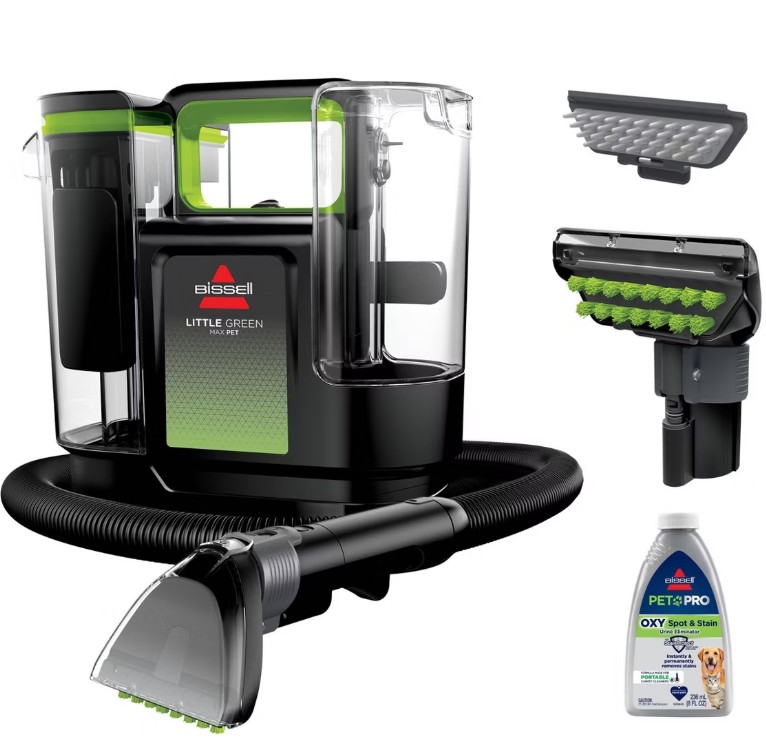 BISSELL Little Green Max Pet Portable Carpet and Upholstery Cleaner, Spot and Stain Cleaner Machine 3857 3″ Cleaning Path Black/Green