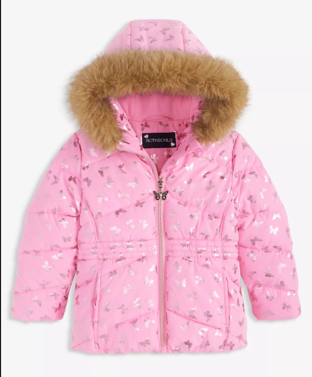 Girls’ 2T-6X Foil Quilted Puffer Jacket With Faux-Fur-Trim Hood