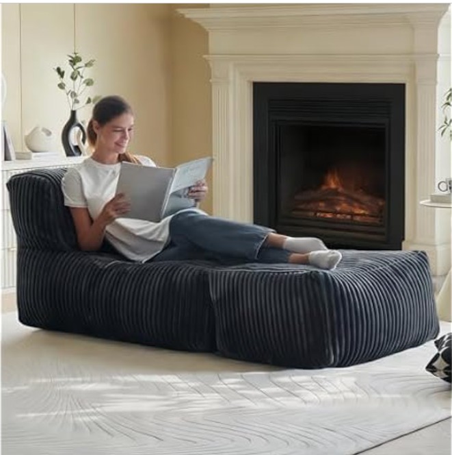 Ayovoch Bean Bag Chair for Adults, Giant Bean Bag Chair with Washable Cover, Comfy Corduroy Bean Bag Lounger with Ottoman, Memory Foam Filled Bean Bag Sofa for Living Room, Bedroom, Balcony, Grey