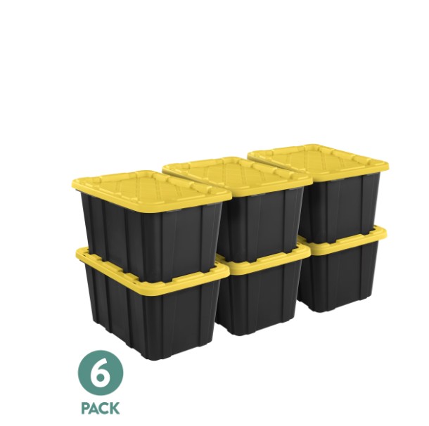 Sterilite 27 Gal Large Plastic Industrial Storage Bin with Snap-Fit Lid, Black and Yellow, 6 Pack