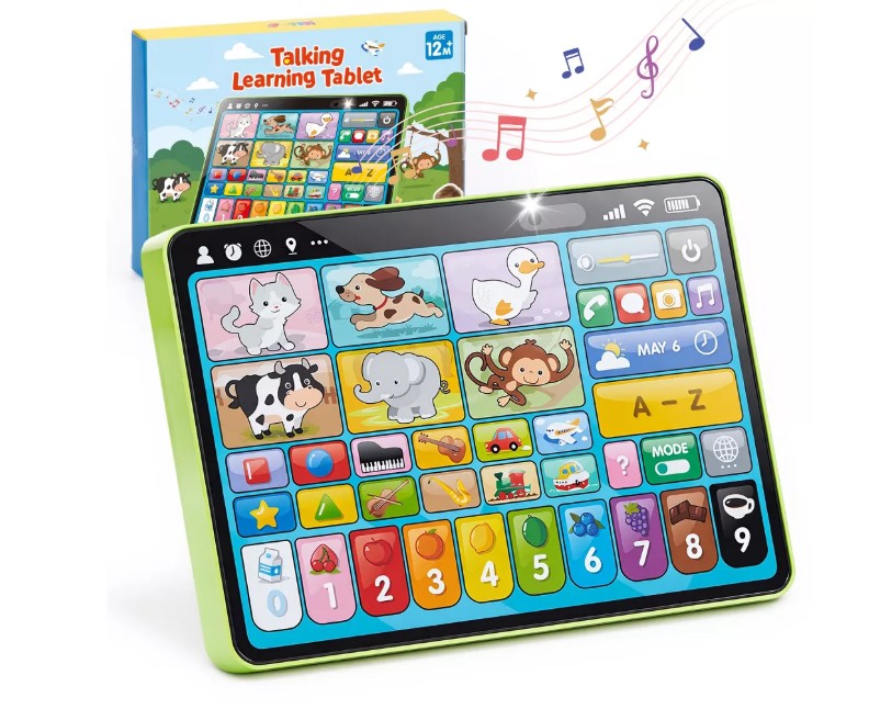 Joyfy Trilingual Learning Toy Tablet with Music & Sound, Montessori Speech Musical Therapy Toys, Gifts for Boy Girl Baby Toddler Age 1 2 3 Year Old