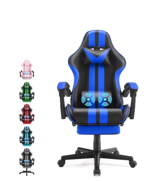 SOONTRANS Gaming Chair, Blue Gamer Chair with Footrest, Ergonomic Office Chair for Adult, Reclining Computer Chair with Massage Lumbar, Adjustable Game Chair