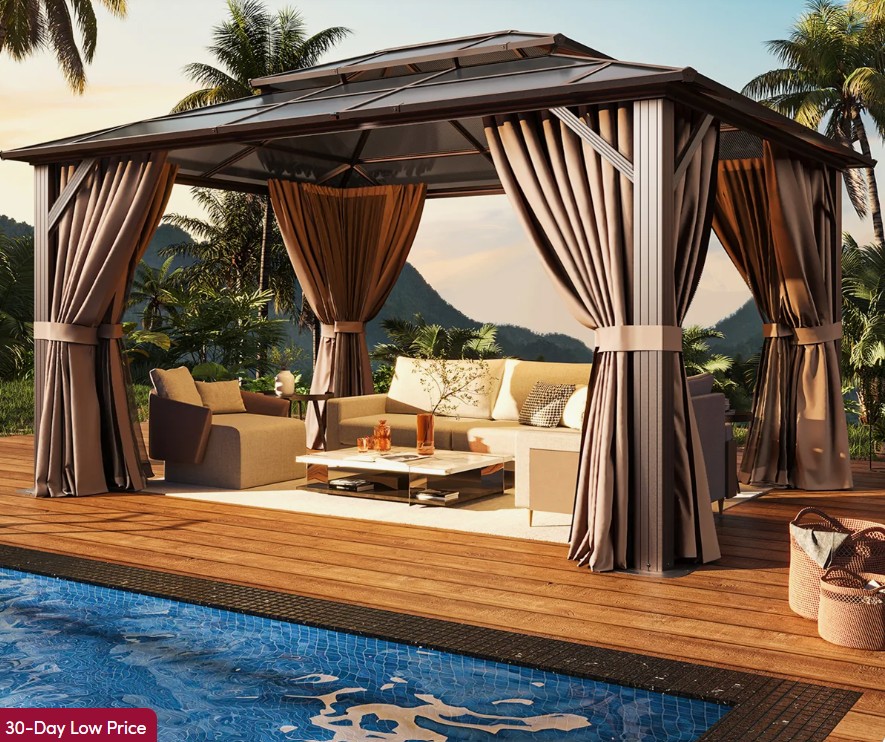 12 Ft. W x 10 Ft. D Outdoor Patio Gazebo with Hardtop Double Roof