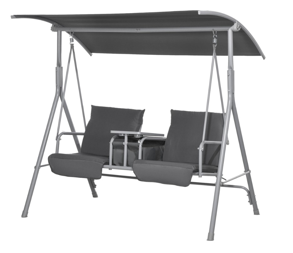 Outsunny 2-Seater Outdoor Porch Swing with Canopy and Table, Patio Swing Chair for Garden, Poolside, Backyard, Gray