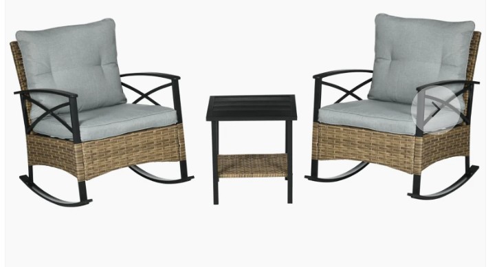 Outsunny 3 Piece Patio Rocking Chair Set, Outdoor Wicker Bistro Set with 2 Oversize Cushioned Porch Rockers and 2 Tier Coffee Table for Garden, Backyard, Light Gray