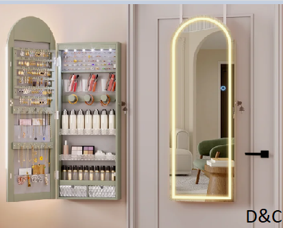 15.7″W Arched Jewelry Armoire, LED Mirroed Jewelry Cabinet Wall/Door Mounted
