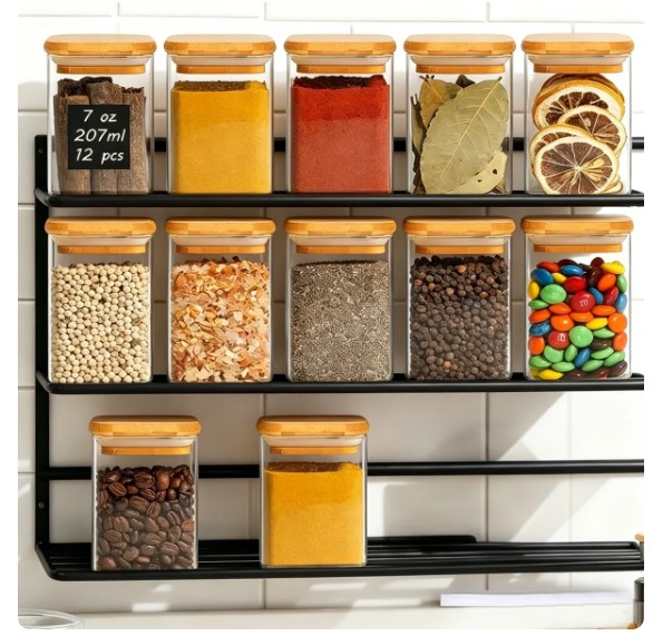 12-piece square glass seasoning jars with flip covers and waterproof labels, 7 ounces each (Set of 12)