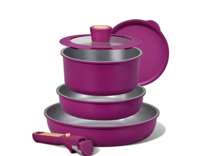 Carote Nonstick Detachable Pots and Pans Set, 6 Pieces Non Toxic Cookware Set with Induction, Oven/Dishwasher Safe, Easy for Storage, Magenta Purple