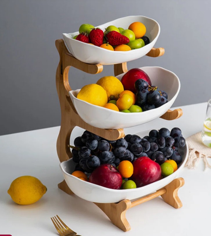 Centrella 3-Tier Countertop Freestanding Ceramic Fruit Bowl W/ Bamboo Stand