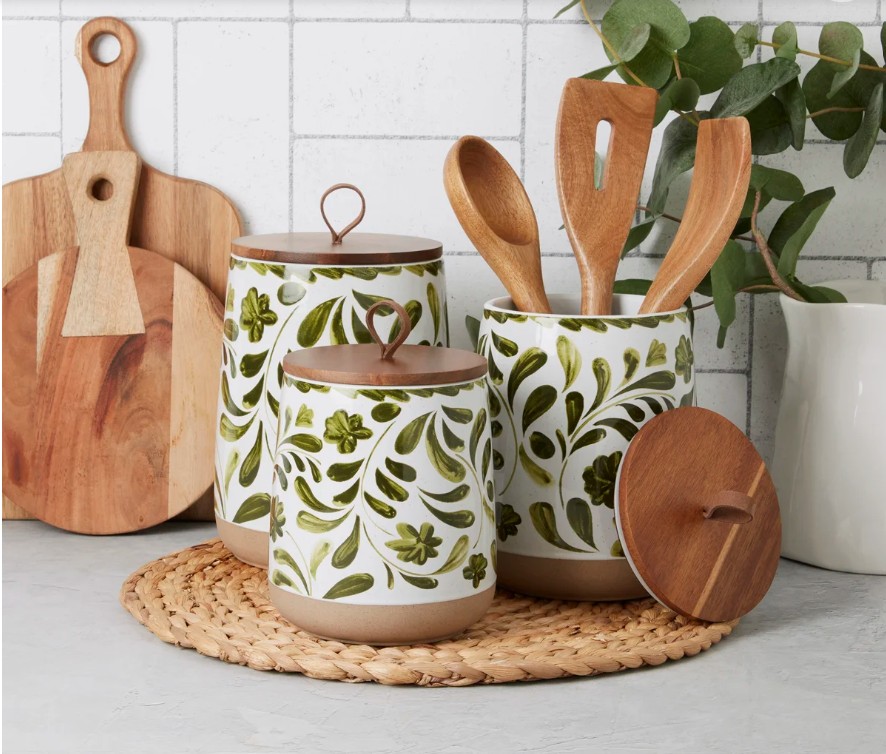 Tabletops Gallery 3-Piece Stoneware Canister Set with Acacia Wood Lids, Botanical Green
