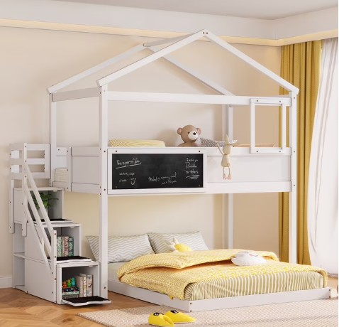 Euroco Twin over Full House Bunk Bed with Storage Staircase and Writting Blackboard for Kids Teens Bedroom, Moverable Lower Bed, White