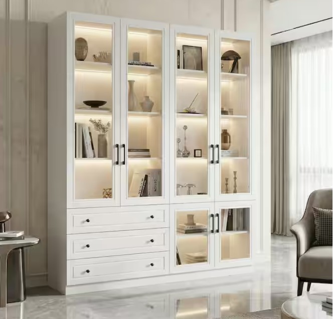 78.7 in. Tall White Paint Finish Wood 10-Shelf Accent Bookcase with Glass Doors, LED Lights, Drawers, Adjustable Shelves