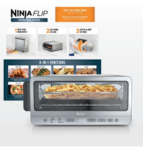 Ninja Flip Toaster Oven & Air Fryer, 8-in-1 Functionality, Storage Space, Air Fry Basket, Sheet Pan, Wire Rack & Removable Crumb Tray, SP151 Stainless