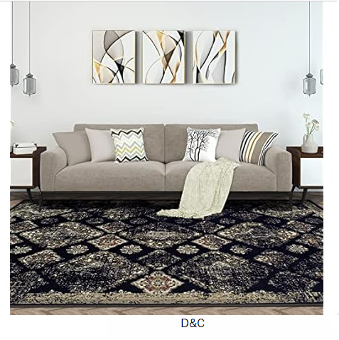 Distressed Damask Border Indoor Runner or Area Rug, 5’x8′, Black – Superior