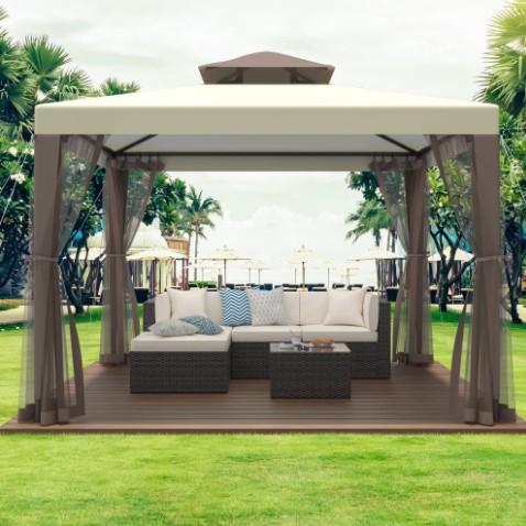 10’x10′ Gazebo Outdoor Canopy Tent with Curtains and Shelter for Patio,Beige