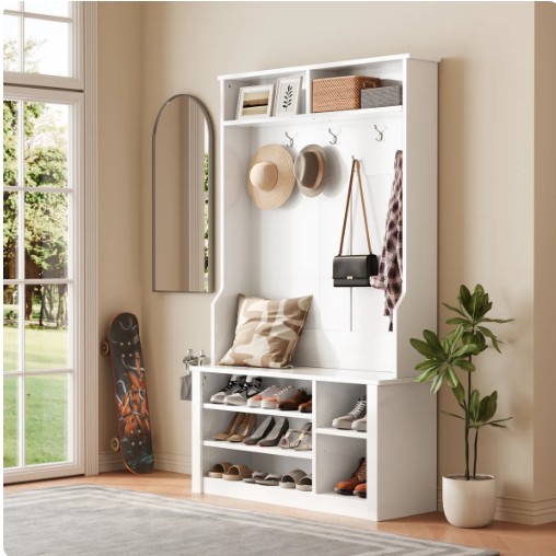 Farmhouse Hall Tree with Bench, Shoe Storage, Side Baskets & Hooks – Ideal for Entryway