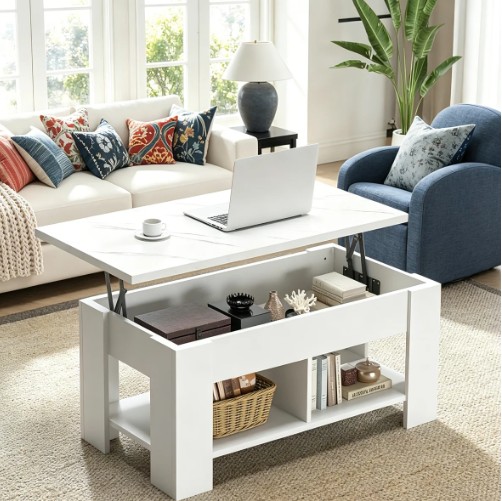 Lift Top Coffee Table, 4-in-1 Multifunctional Rising Expandable Coffee Table with Hidden Storage, Convertible to Laptop Desk or Dining Table for Living Room, Home Office, Small Spaces – Modern Wooden Center Table with Gas Spring Mechanism,Marble