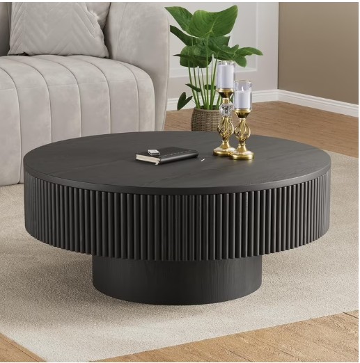Gelloan 31.5″ Round Fluted Coffee Table, Modern Wood Circle Coffee Table, Veneer Handcrafted Relief Tea Table for Living Room,Black