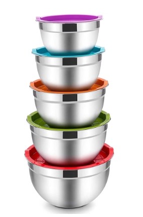 Mixing Bowls with Lids Set of 5, Vesteel Stainless Steel Mixing Bowls Metal Nesting Salad Bowls, Size 4.5, 3, 1.5, 1, 0.7 QT Great for Cooking, Baking, Serving – Multi-Color