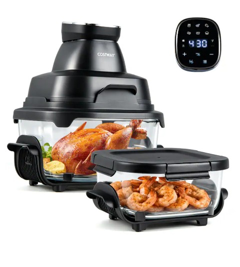 Costway – 6-in-1 Portable Glass Air Fryer, 4.4QT & 1.8QT Dual Glass Containers with Lids – Black