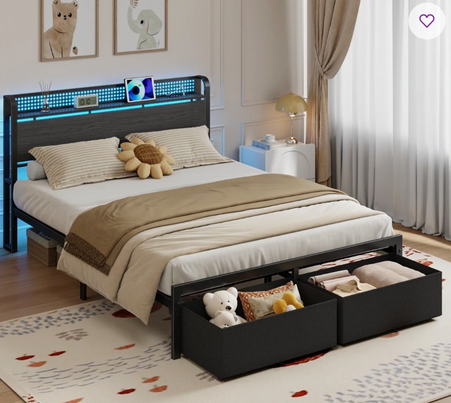 Bed Frame with Storage Headboard, Metal Platform Bed Frame, LED Lights and Charging Station