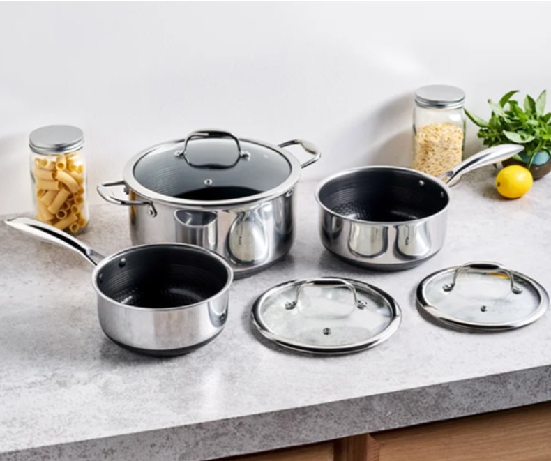 HexClad Hybrid Nonstick 6-Piece Pot Set, 2, 3, and 8-Quart Pots with Tempered Glass Lids, Stay-Cool Handles, Dishwasher-Friendly