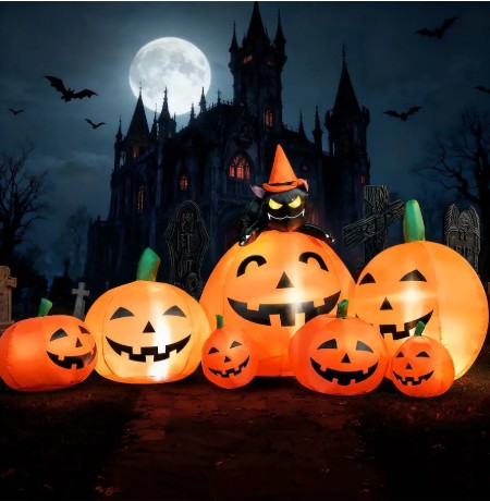 Joyfy – 7 ft Halloween Inflatable Pumpkin with Witch’s Cat Decorations Inflatables with Build-in LED, Outdoor Blow Up Yard Decor – Orange