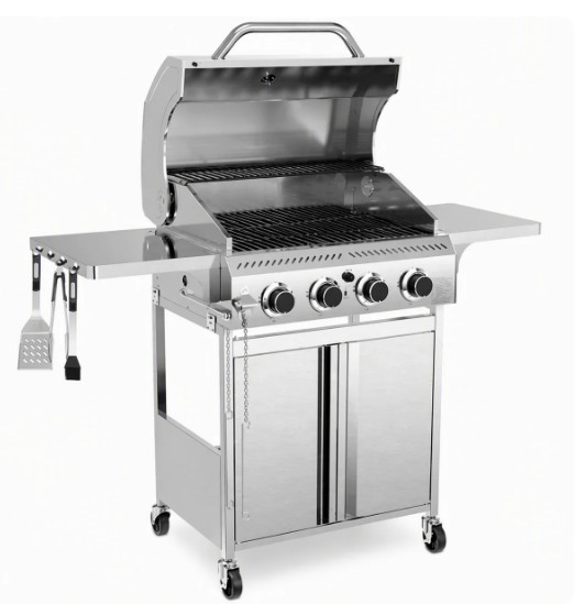Stainless Steel Four Burner Commercial Bbq Grill -32000btu Intense Fire Configuration, Pulse Ignition+dual Brake Universal Wheels, With Kitchenware Hanging Holes