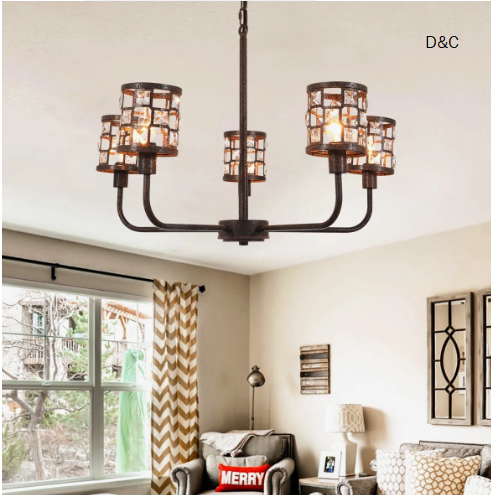 5 Light Dimmable Farmhouse Chandelier, Retro Iron Rust Lighting With Crystal Decorations
