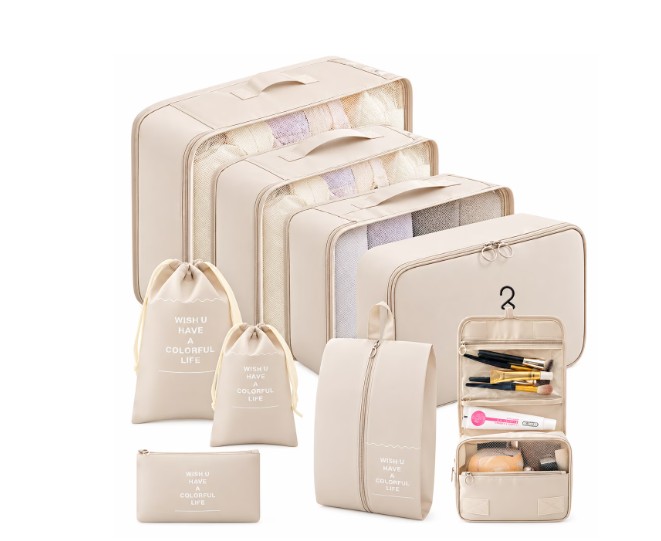 Packing Cubes – 9 PCS Travel Pouch Set, Compression Bags For Travel, Suitcase Essentials Organizer Bags Set, Beige