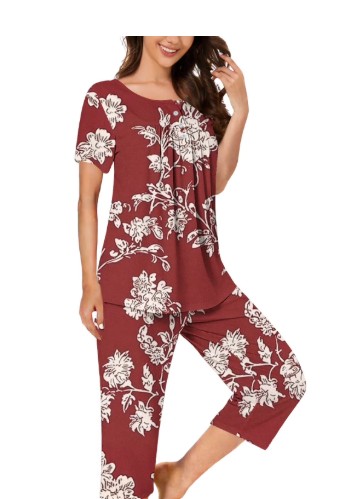 Tnhcen Women’s Christmas Print Sleepwear Set Festive Short Sleeve Top with Buttons & Pockets 7/8 Pants Flannel Soft Comfortable Holiday Pajamas for Women Cozy Home Outfit