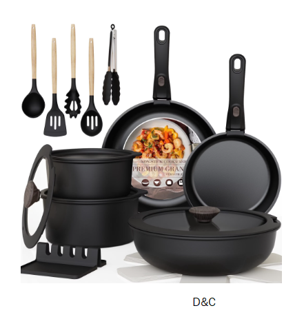 Astercook 20-Piece Pots and Pans Set, Nonstick Cookware Set with Detachable Handles, Oven & Dishwasher Safe, Induction Compatible, Stackable RV Kitchen Cooking Set, Black