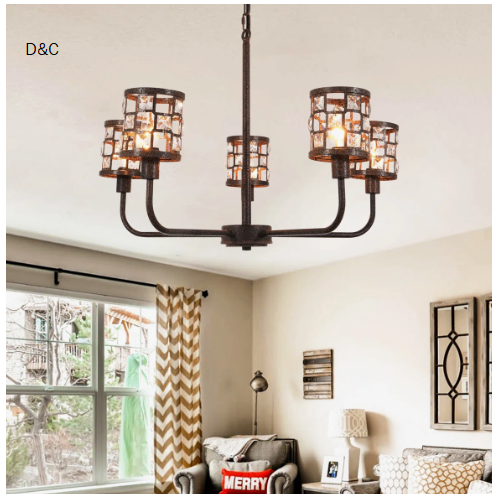 5 Light Dimmable Farmhouse Chandelier, Retro Iron Rust Lighting With Crystal Decorations