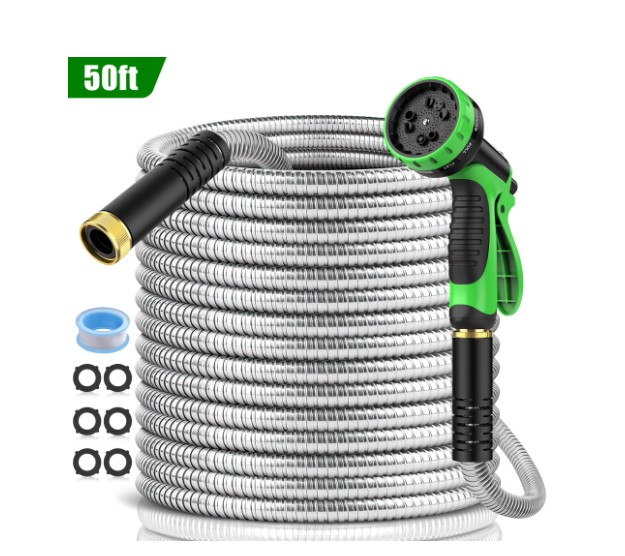 50ft Garden Hose, Metal Stainless Steel Water Hose w/ 10 Functional Nozzles & 3/4 inch Brass Fittings, Flexible, Kink&Tangle Free, Puncture Resistant, Heavy Duty Water Pipe for Yard&Outdoor(Sliver)