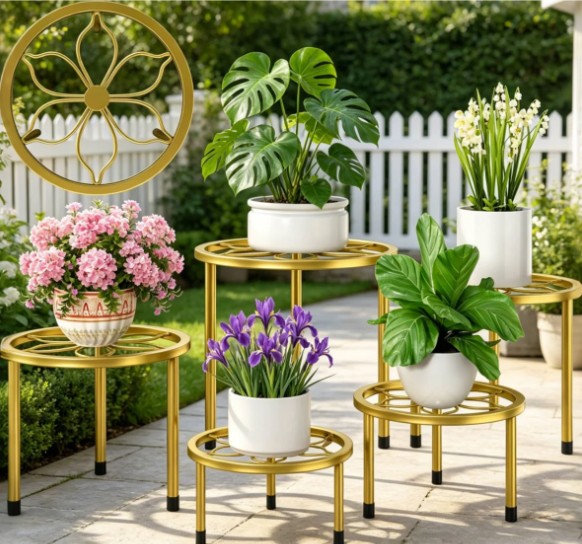 Mollye 5-Piece Metal Plant Stands for Indoor Outdoor Use, Heavy Duty Round Flower Pot Holders, Rust-Resistant Black Iron Plant Stand Set