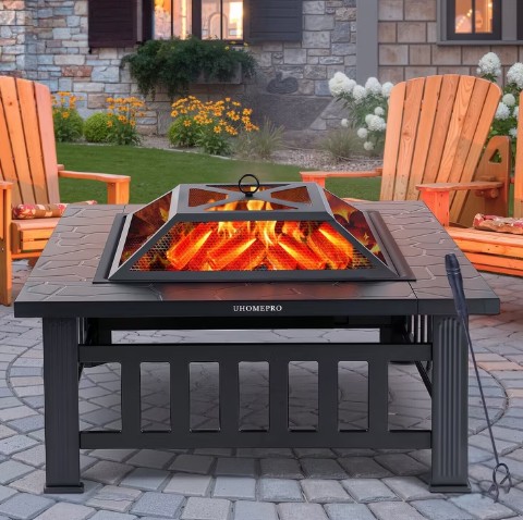 Fire Pits for Outside, 32″ Wood Burning Fire Pit Tables with Screen Lid, Poker, BBQ Net, Food Clip and Cover, Backyard Patio Garden Outdoor Fire Pit/BBQ Fire Pit, Black