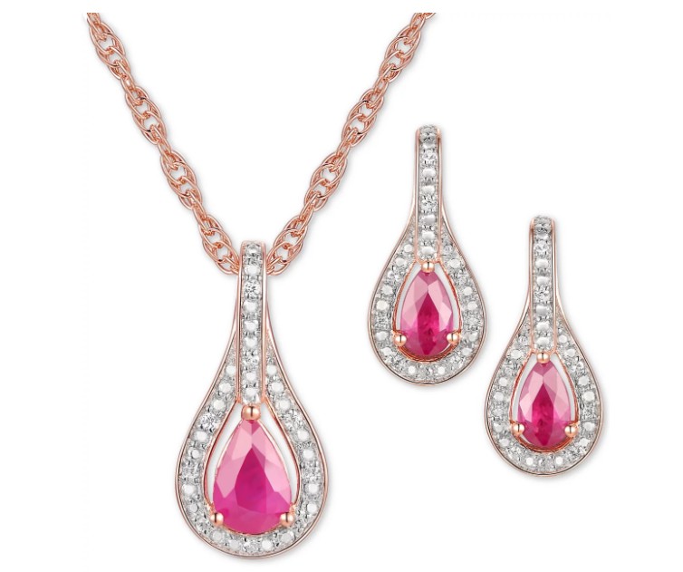 2-Pc. Set Ruby (1 ct. t.w.) & Diamond (1/20 ct. t.w.) Pendant Necklace & Matching Drop Earrings in Sterling Silver (Also available in Sapphire or Emerald)