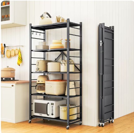 Fenbeli 5-Tier Foldable Storage Shelves Metal Storage Rack with Wheels and Hooks