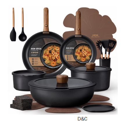 Carote 24-Piece Nonstick Cookware Set, Pots and Pans Set with Detachable Handle, Induction Compatible, Oven & Dishwasher Safe, Black