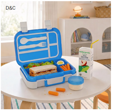 Mainstays Kids 4-Compartment Plastic Bento Box with Removable Tray, Fork, Spoon, and Dressing Container, Blue Splash and Gray