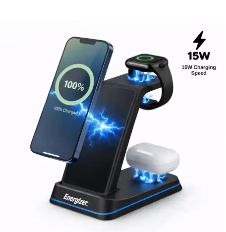 Energizer – 3-in-1 15W Qi Certified Fast 15W Universal Charging Station/Stand w/ RGB Light for Phones + AirPods + Apple Watch – Black