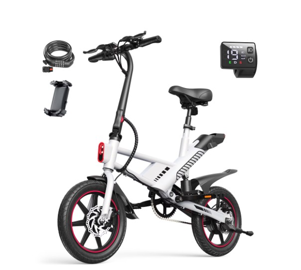 MIHOVER 14″ Mini Electric Bike for Adults & Students,450W Max Speed 19Mph 3 Modes 30 Miles Range Rear Suspension, Class 2 E-Bike with Phone Holder & Lock, UL2849 Certified-White