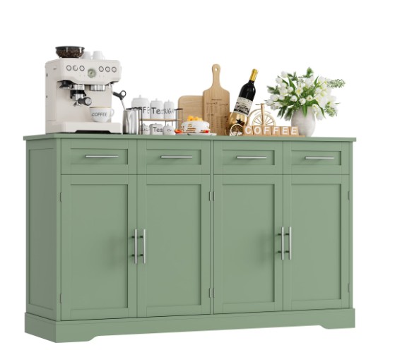 Homfa Farmhouse Buffet Cabinet with 4 Drawers and 4 Doors, 59″ W Sideboard Buffet Storage Cabinet with Shelves, for Kitchen Living Room Bedroom, Green
