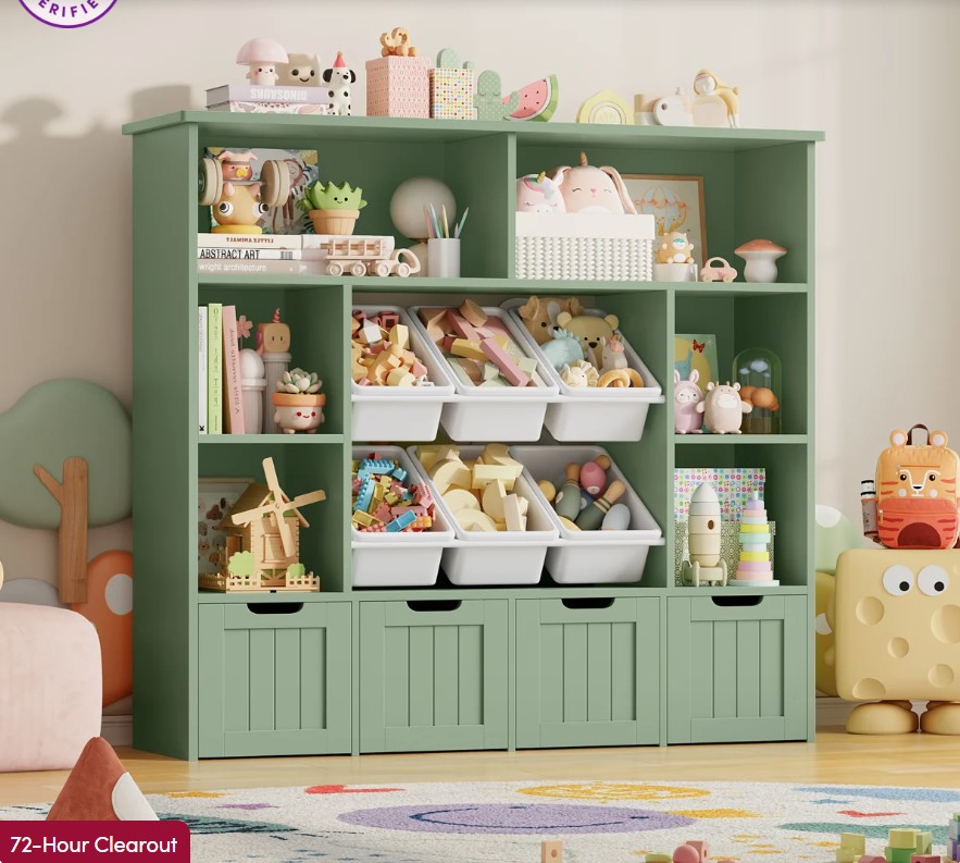 49.4″ W Kids Bookcase with 4 Removable Drawers, Cube Organizer