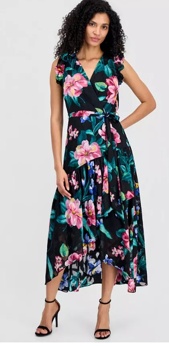 Women’s Ruffle-Sleeve V-Neck High-Low Wrap Dress