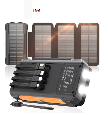 SOLPOWBEN 20000mAh Solar Power Bank with 4 Foldable Panels and 4 Built-In Cables, 15W Fast Charging Portable Charger for Cell Phone, Dual LED Flashlights Battery Pack for Camping, Travel