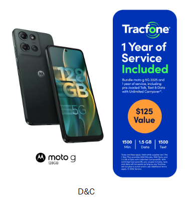 Tracfone Motorola Moto G2025, 5G, 128GB,Includes 1 Year $125 Service Plan for $79.88. Shipping is free.